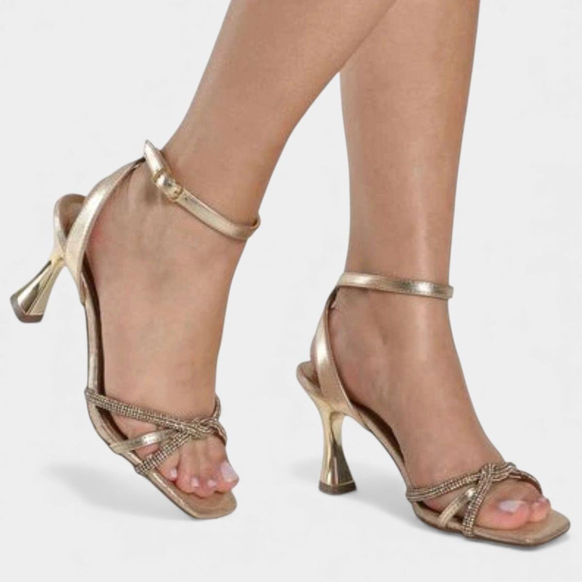 Sandália Via Marte Tiras Cruzadas Strass Salto Médio Feminino - Dourado Dourado 4
