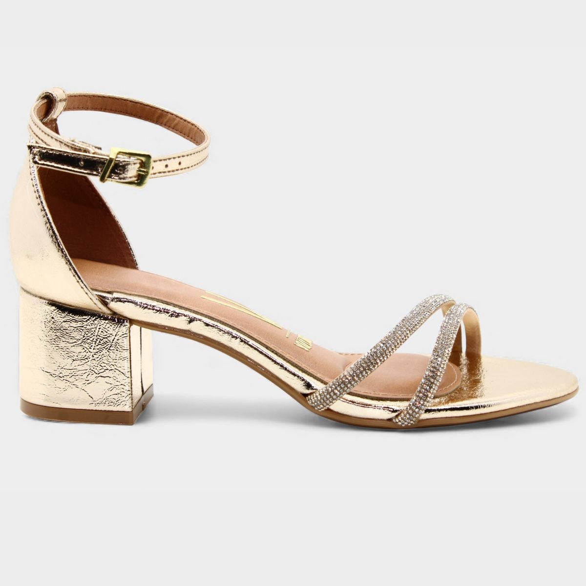 Sandália Vizzano Salto Bloco Strass Metalizada Feminina - Dourado