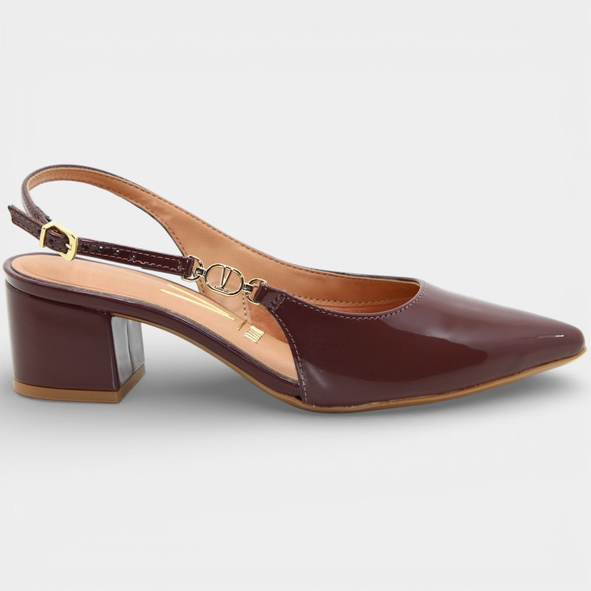Scarpin Vizzano Slingback Salto Bloco Verniz Detalhe - Bordô Marrom 2