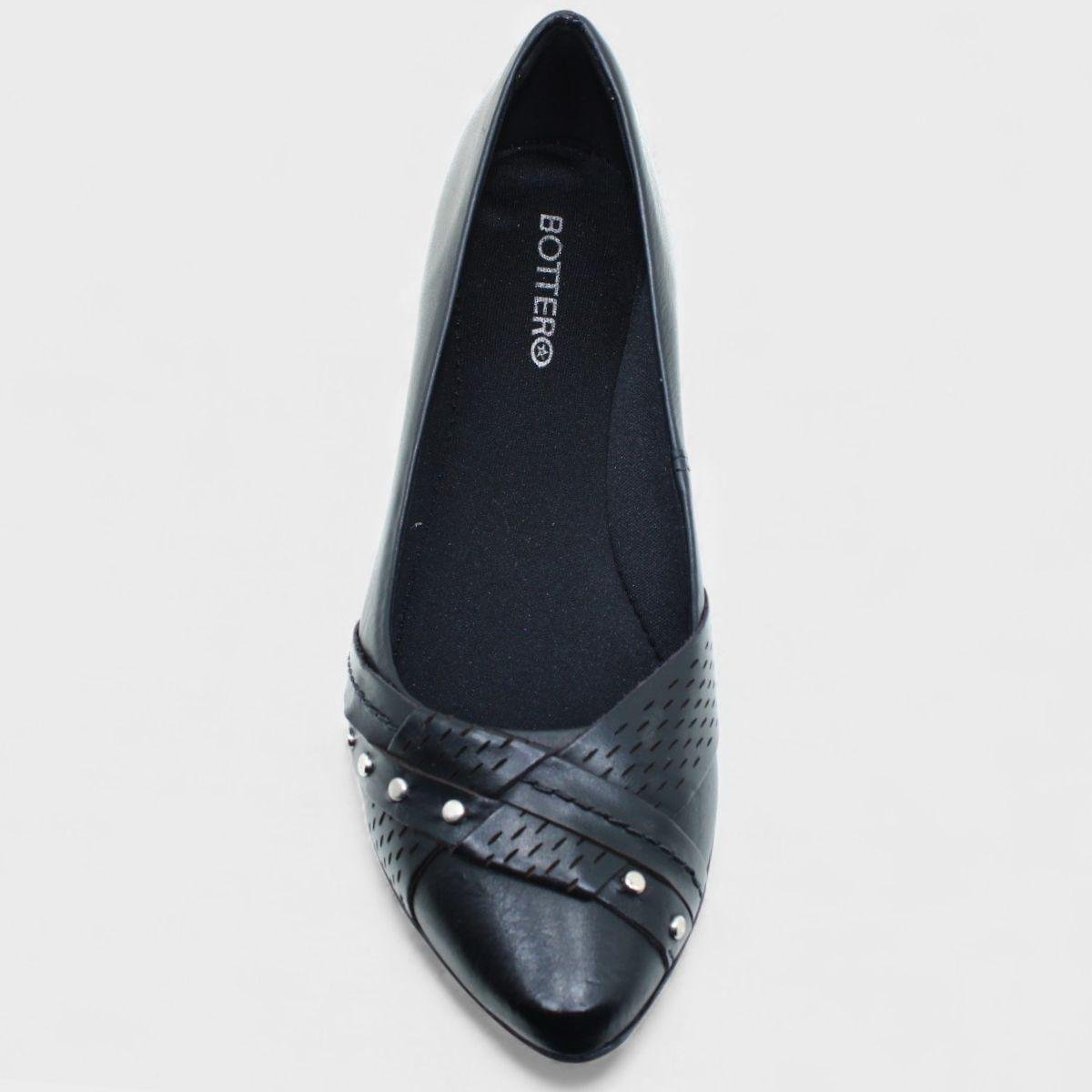 Sapatilha Couro Bottero Bico Fino Microperfuros Apliques Feminina - Preto Preto 3