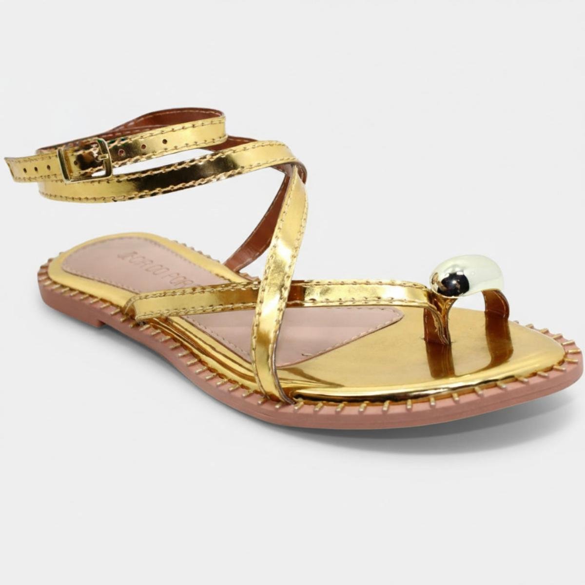 Rasteira Cia do Porto Amarração Metalizada Detalhes Feminina - Dourado