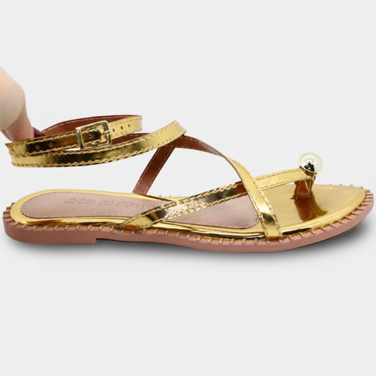 Rasteira Cia do Porto Amarração Metalizada Detalhes Feminina - Dourado Dourado 2