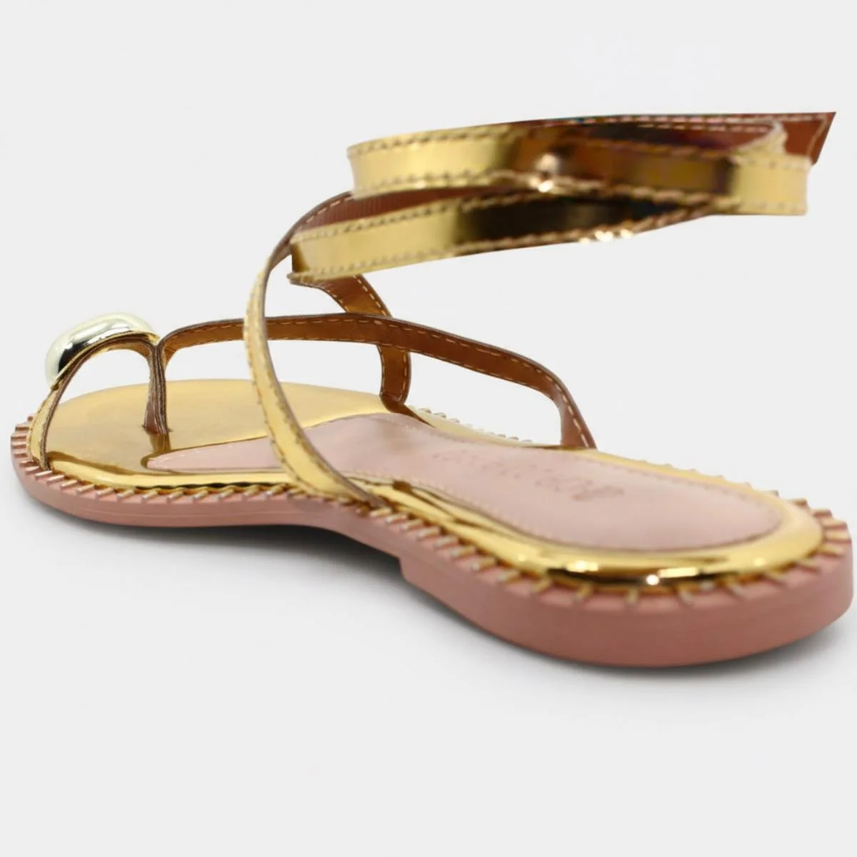 Rasteira Cia do Porto Amarração Metalizada Detalhes Feminina - Dourado Dourado 4