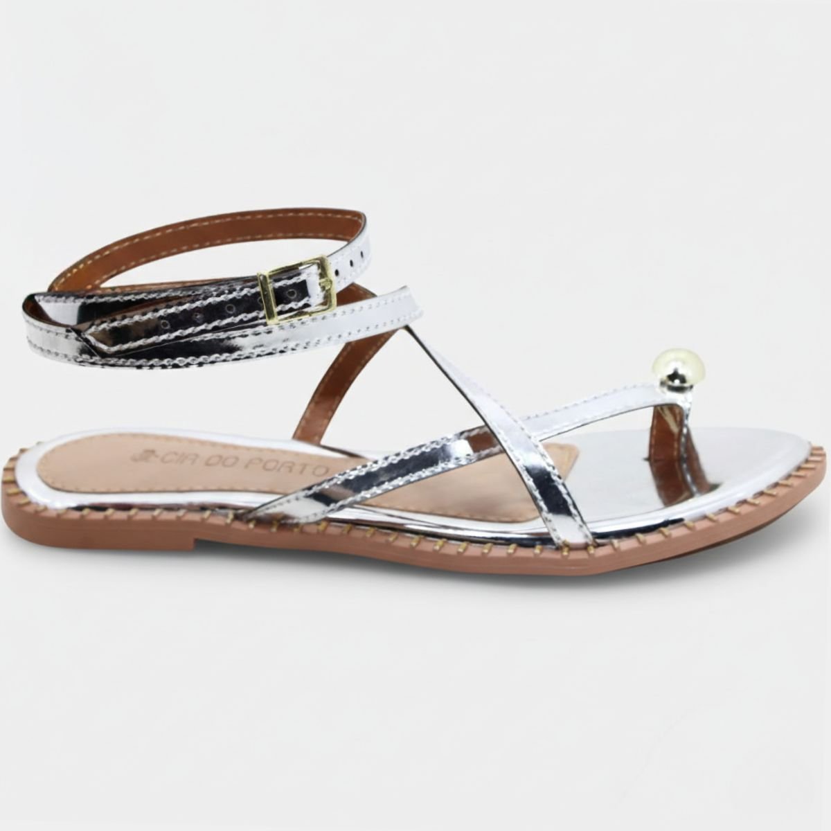 Rasteira Cia do Porto Amarração Metalizada Detalhes Feminina - Prata Prata 2