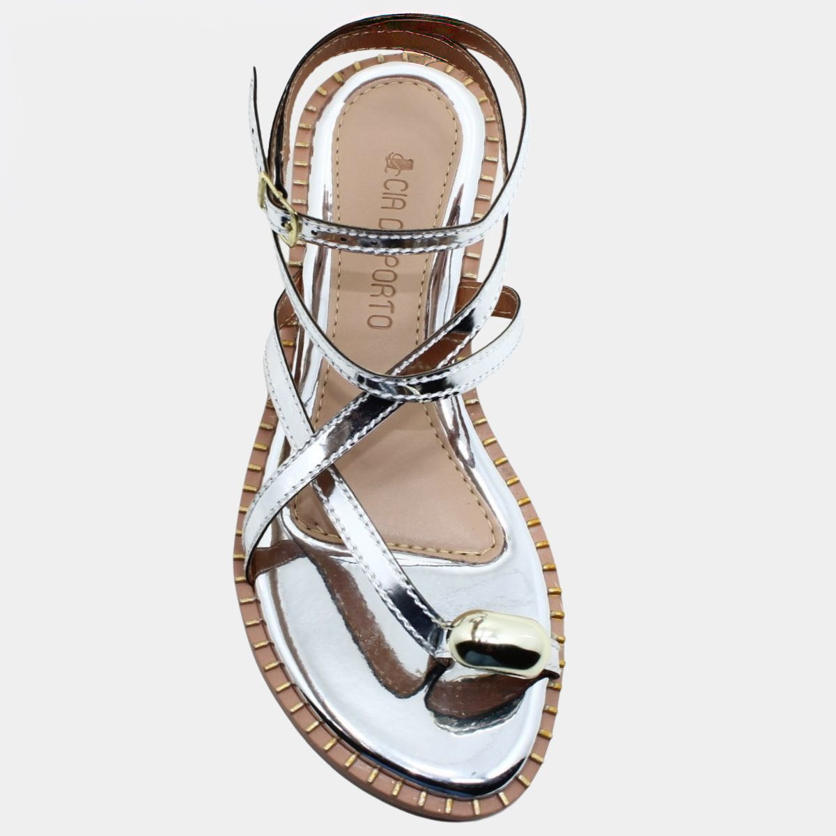 Rasteira Cia do Porto Amarração Metalizada Detalhes Feminina - Prata Prata 3