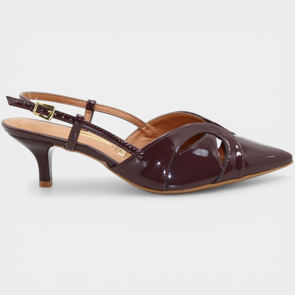 Scarpin Vizzano Slingback Bico Fino Verniz Salto Baixo - Marrom Escuro Marrom 2