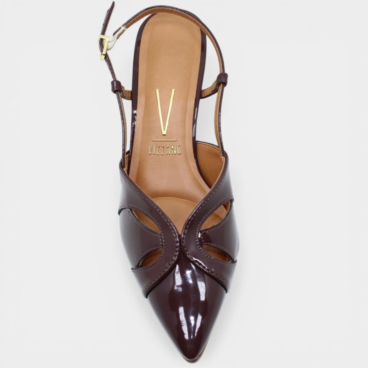Scarpin Vizzano Slingback Bico Fino Verniz Salto Baixo - Marrom Escuro Marrom 3