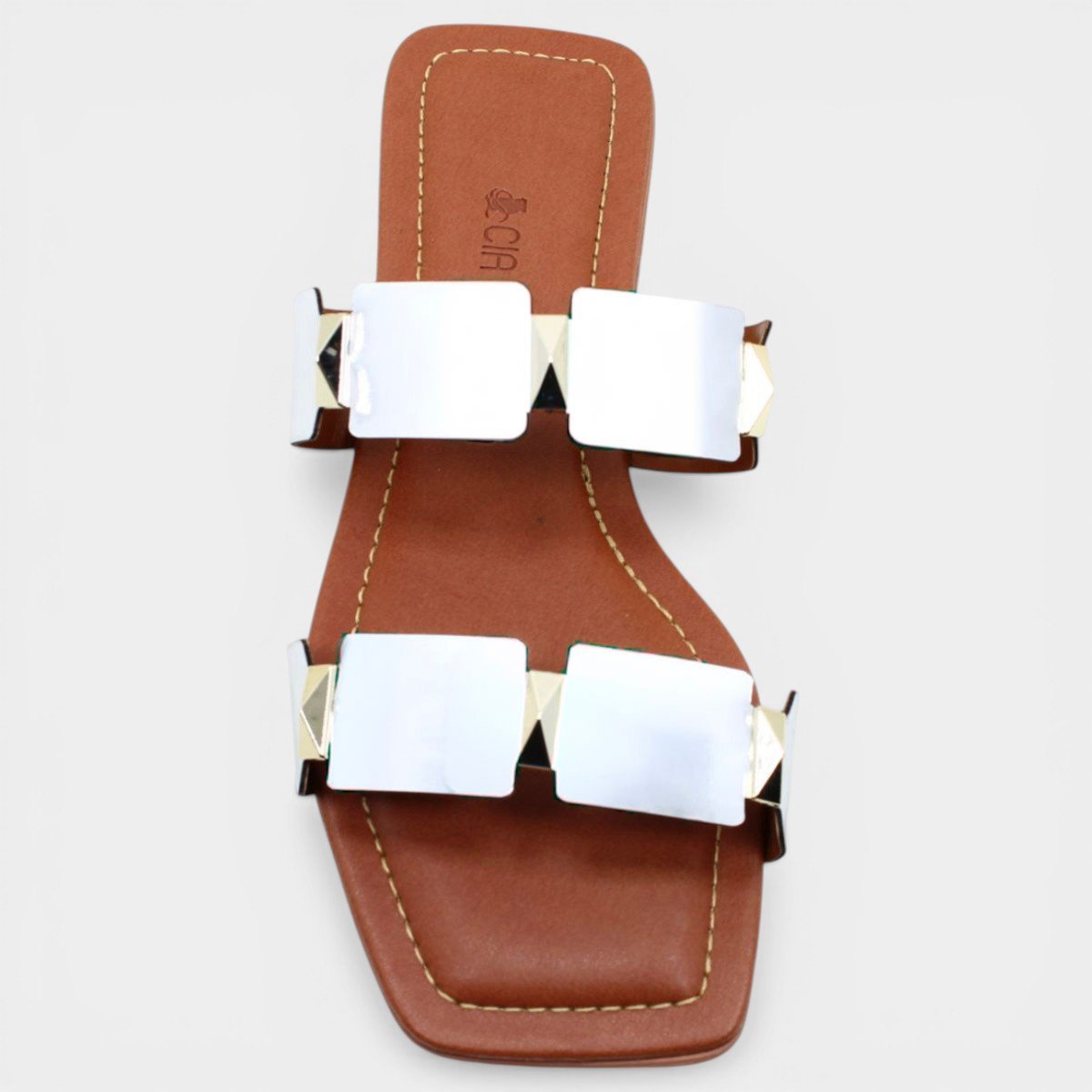 Rasteira Cia do Porto Spikes Metalizada Feminina - Prata Cinza 3