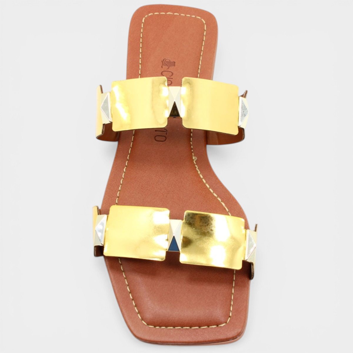 Rasteira Cia do Porto Spikes Metalizada Feminina - Dourado Cinza 3