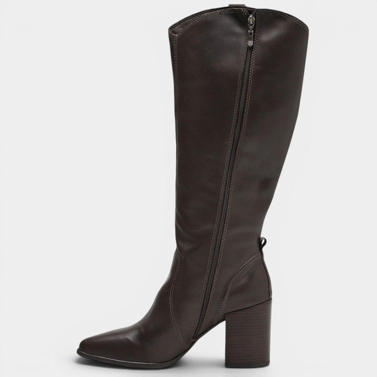Bota Couro Bottero Salto Bloco Cano Alto Feminina - Marrom Escuro Cinza 3