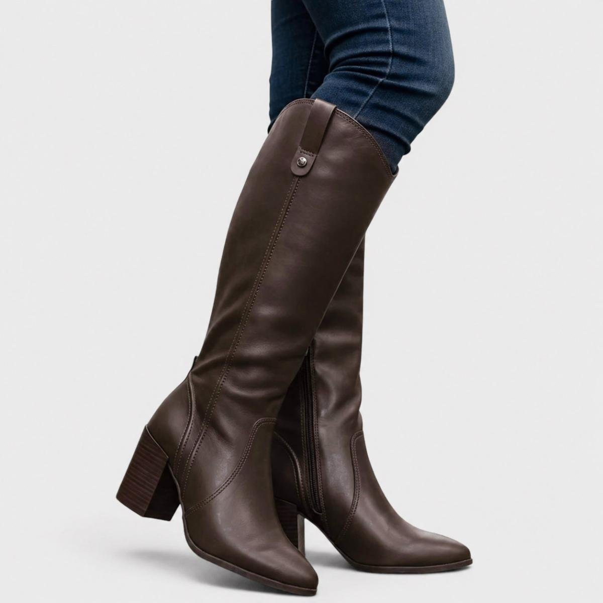 Bota Couro Bottero Salto Bloco Cano Alto Feminina - Marrom Escuro Cinza 5