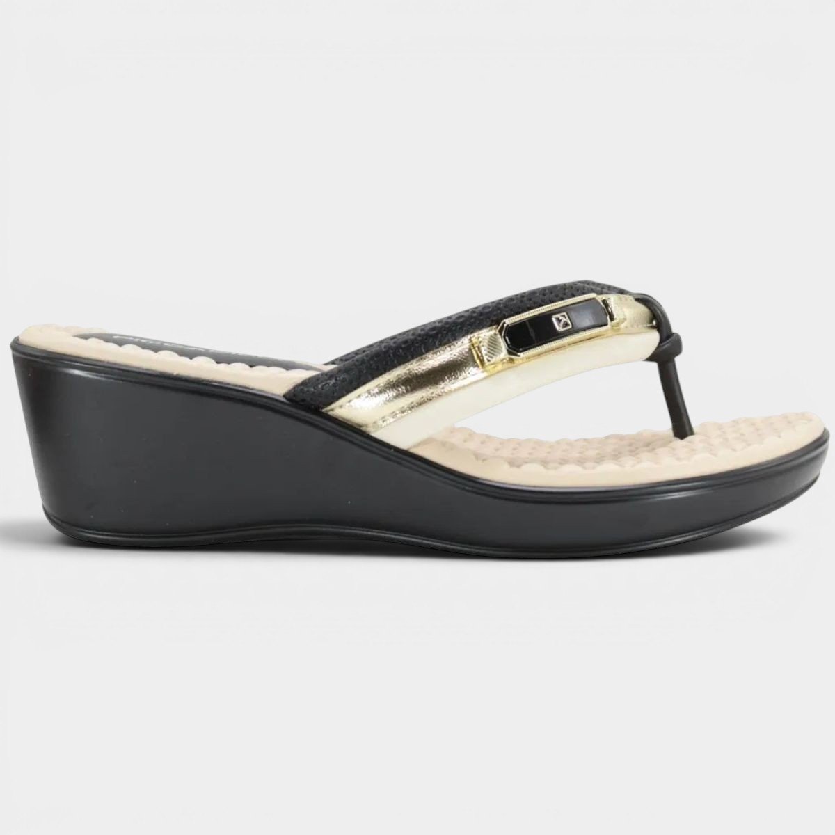 Chinelo Anabela Piccadilly Detalhe Conforto Napa Soft - Preto e Bege Cinza 2