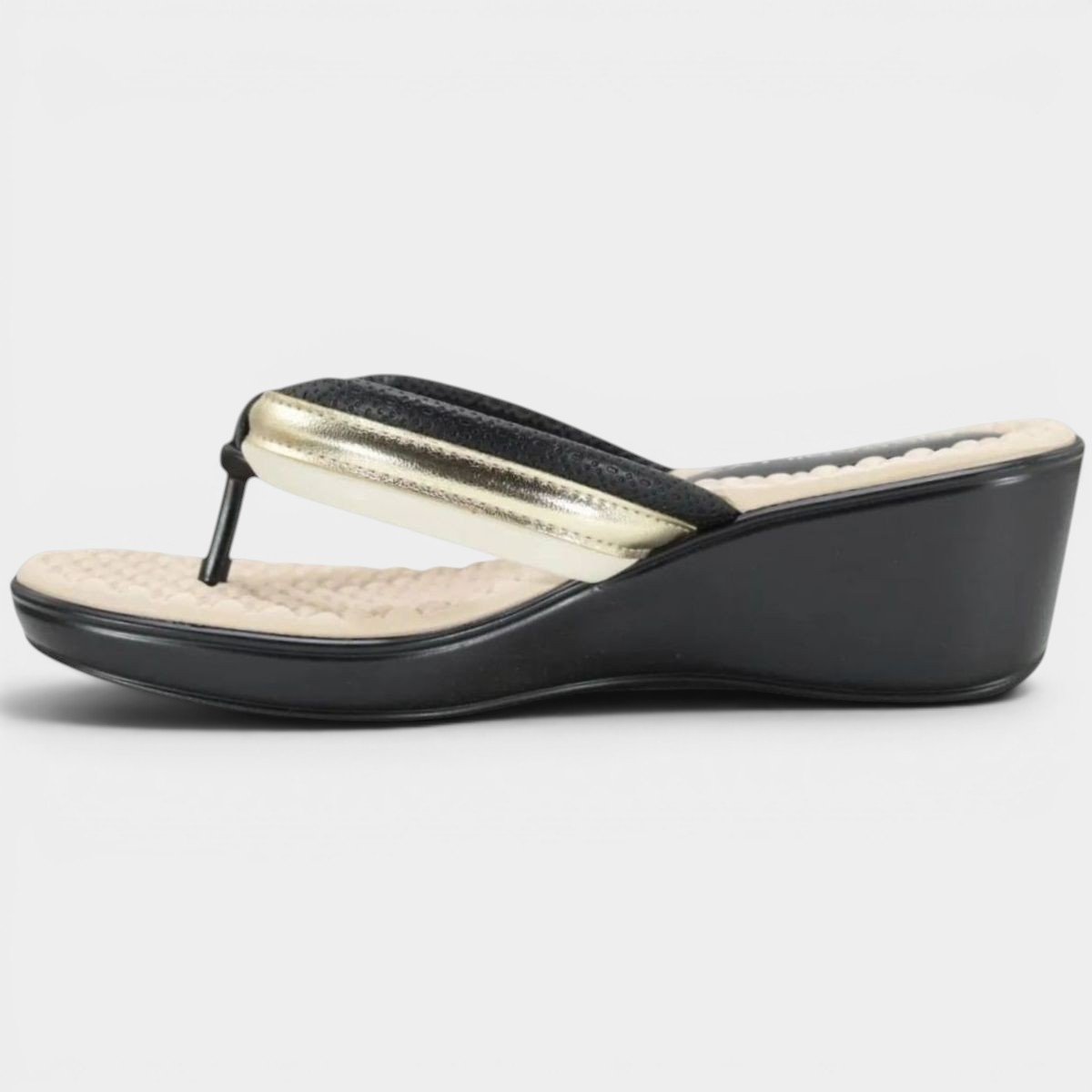 Chinelo Anabela Piccadilly Detalhe Conforto Napa Soft - Preto e Bege Cinza 3