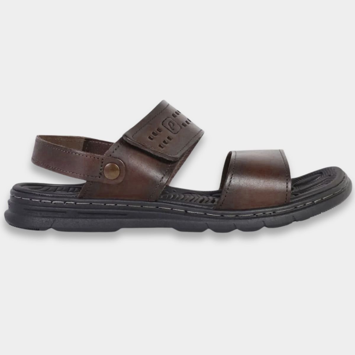 Sandália Couro Pegada Anilina Tiras Autocolantes Masculina - Marrom Escuro Cinza 2