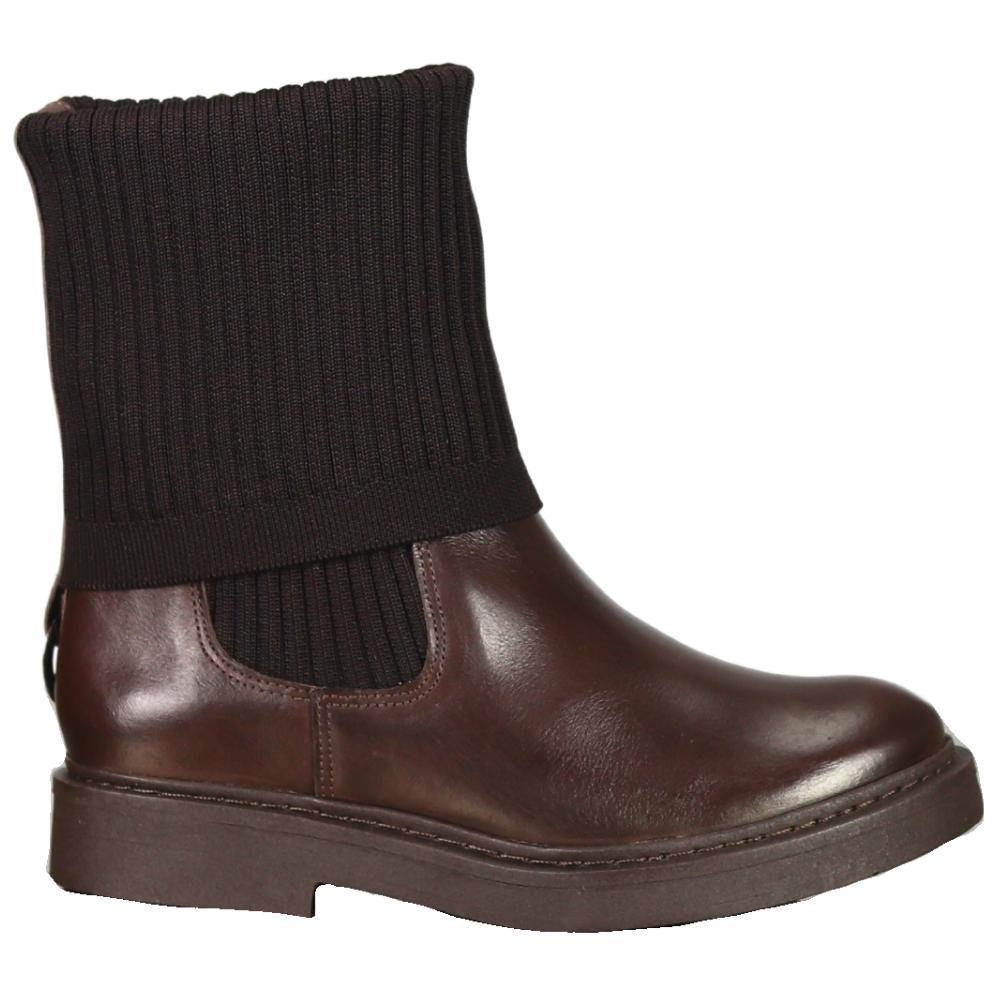 Bota Via Paula Coturno Em Couro Acabamento Knit Feminina Marrom
