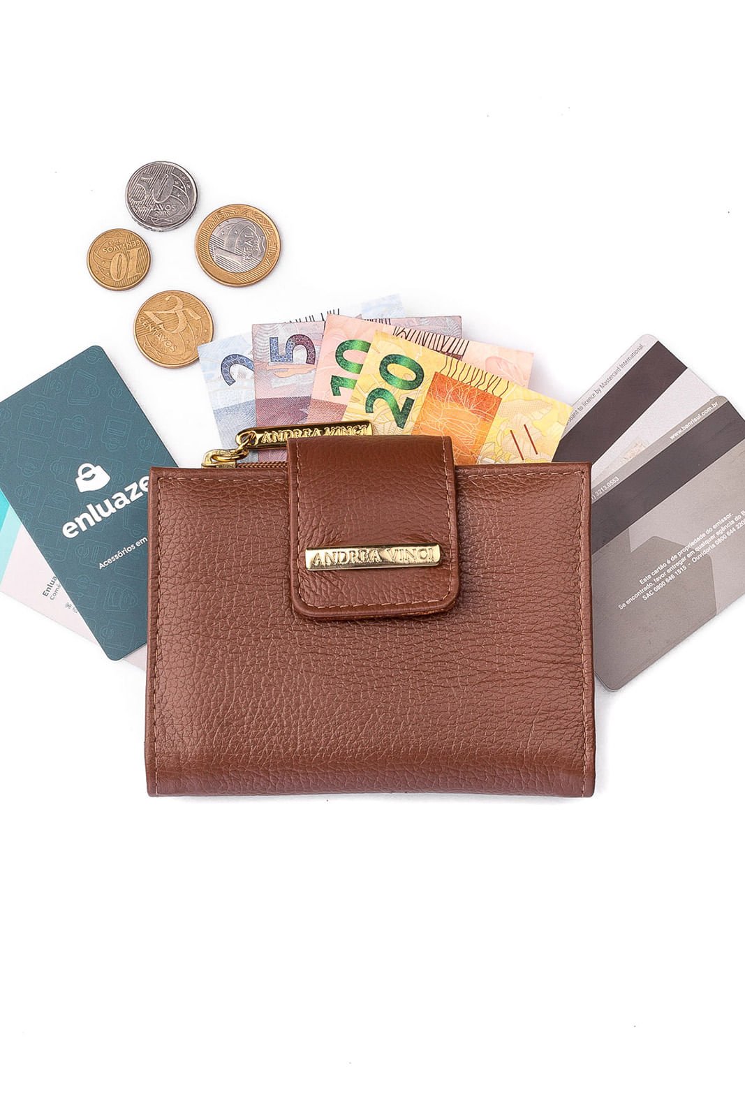 Carteira feminina de couro liso Linna Marrom 5