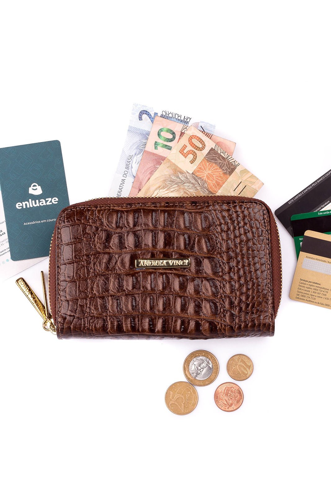Carteira feminina de couro croco Martina Marrom 5
