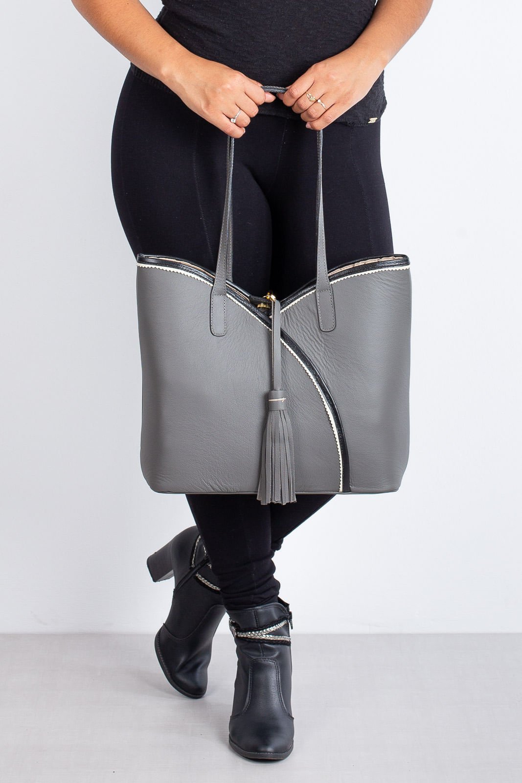 Bolsa de couro grande Rachel Cinza 3
