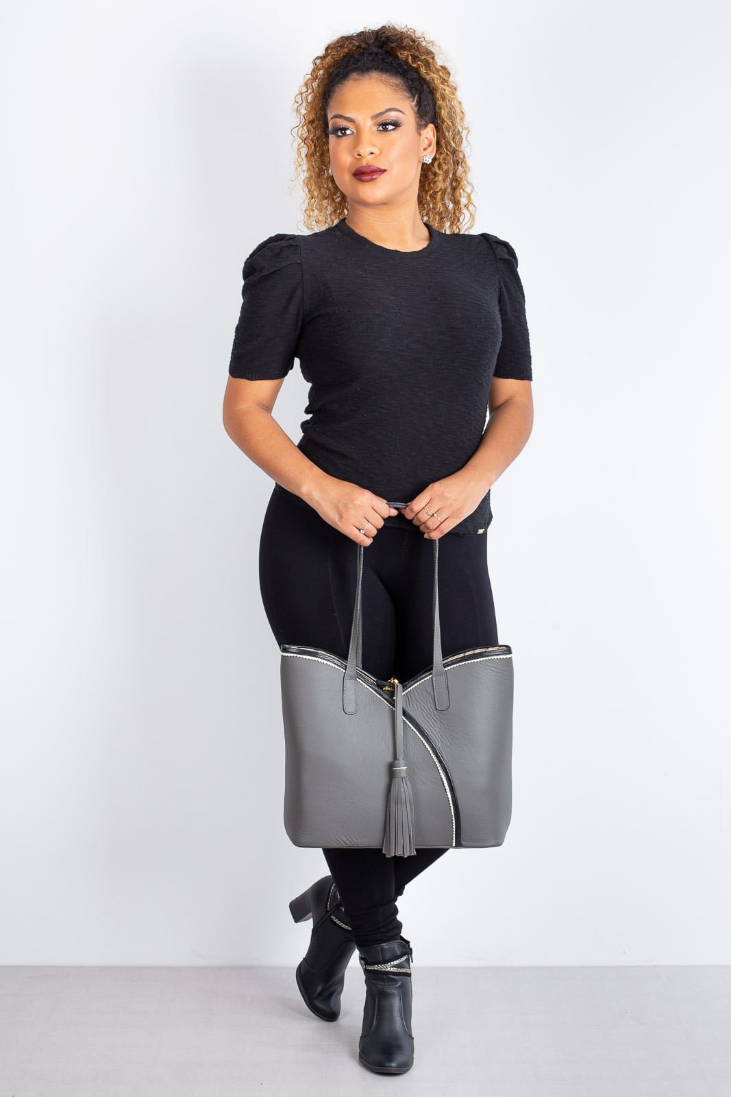Bolsa de couro grande Rachel Cinza 5