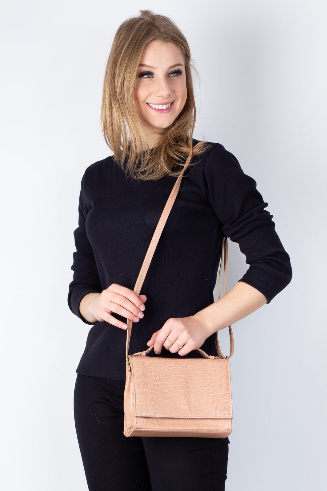 Bolsa pequena transversal de couro croco Deise Bege 4