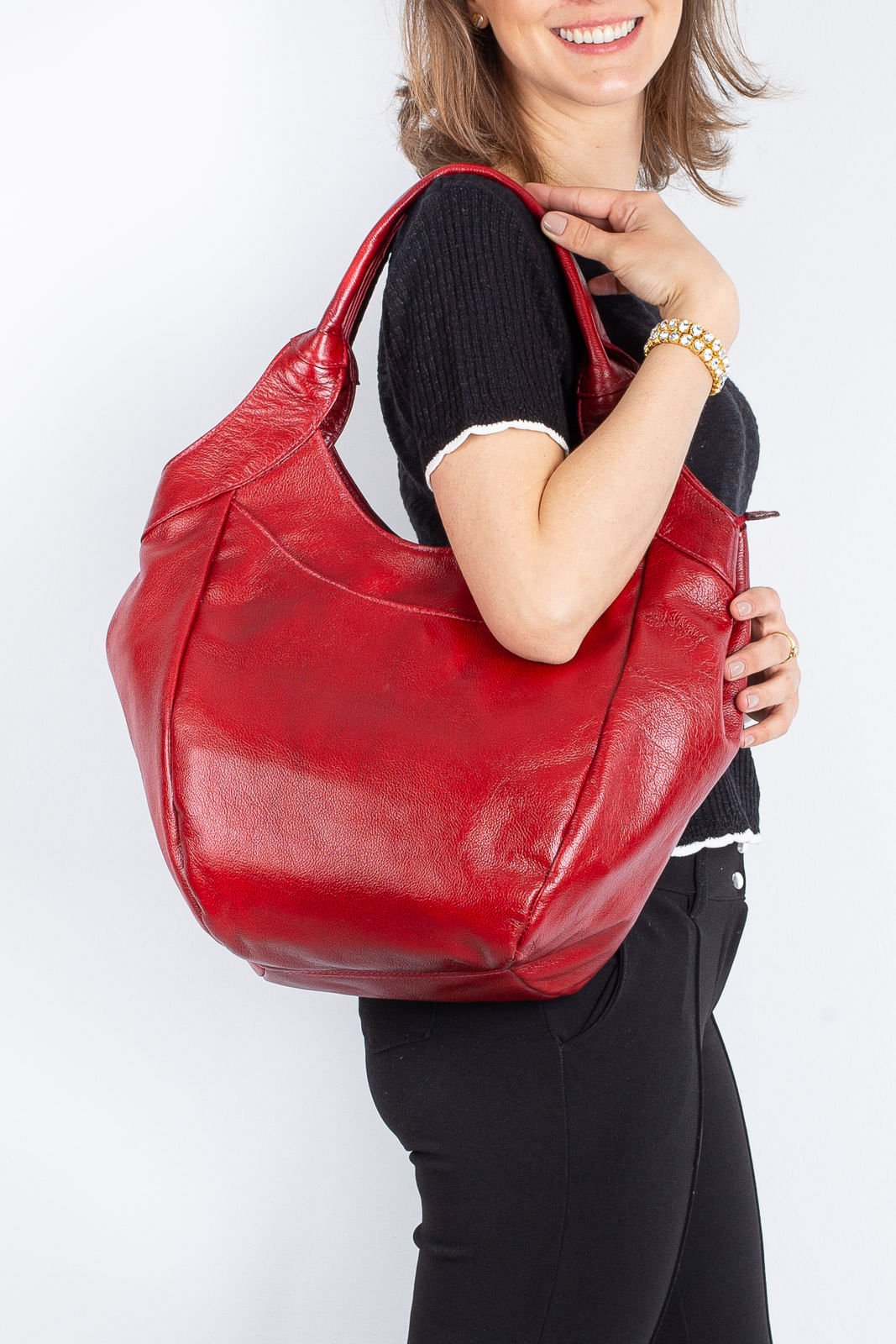 Bolsa saco grande de couro liso Cintia Vermelho 4