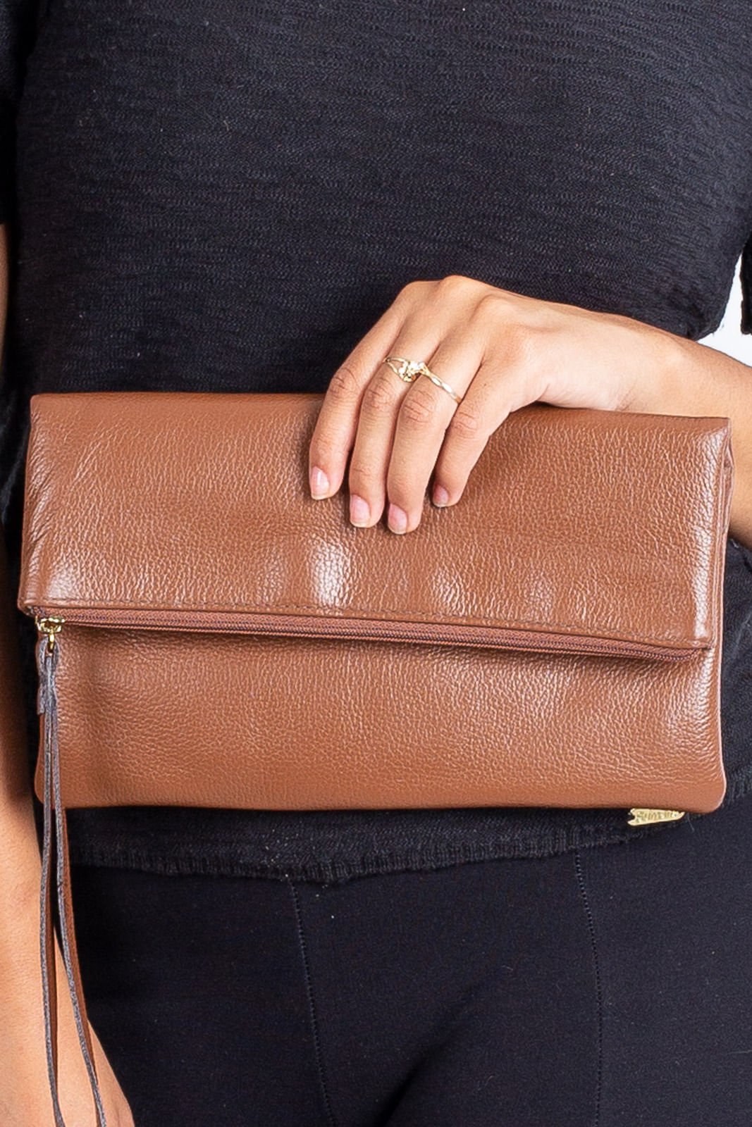 Clutch de couro liso Nikki Marrom 3