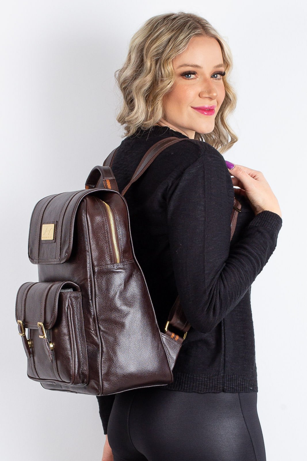 Mochila de couro liso Trip Marrom 4