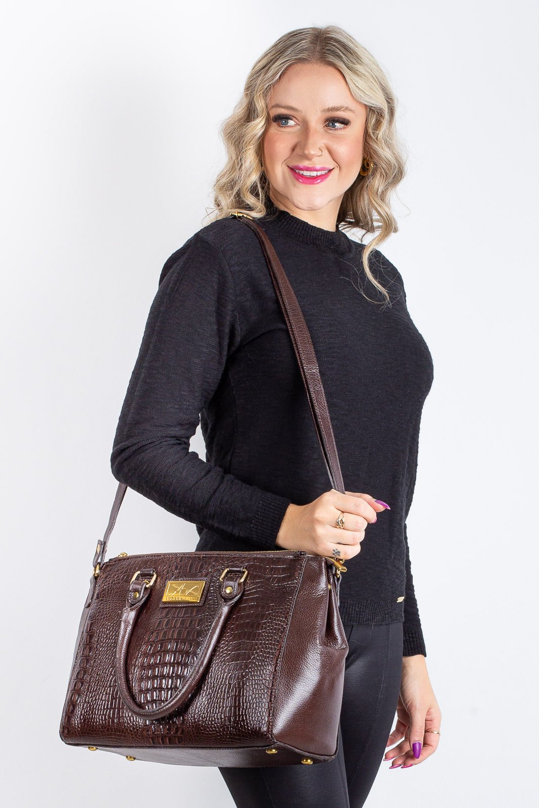 Bolsa de couro croco grande com divisorias Toffee Marrom 2