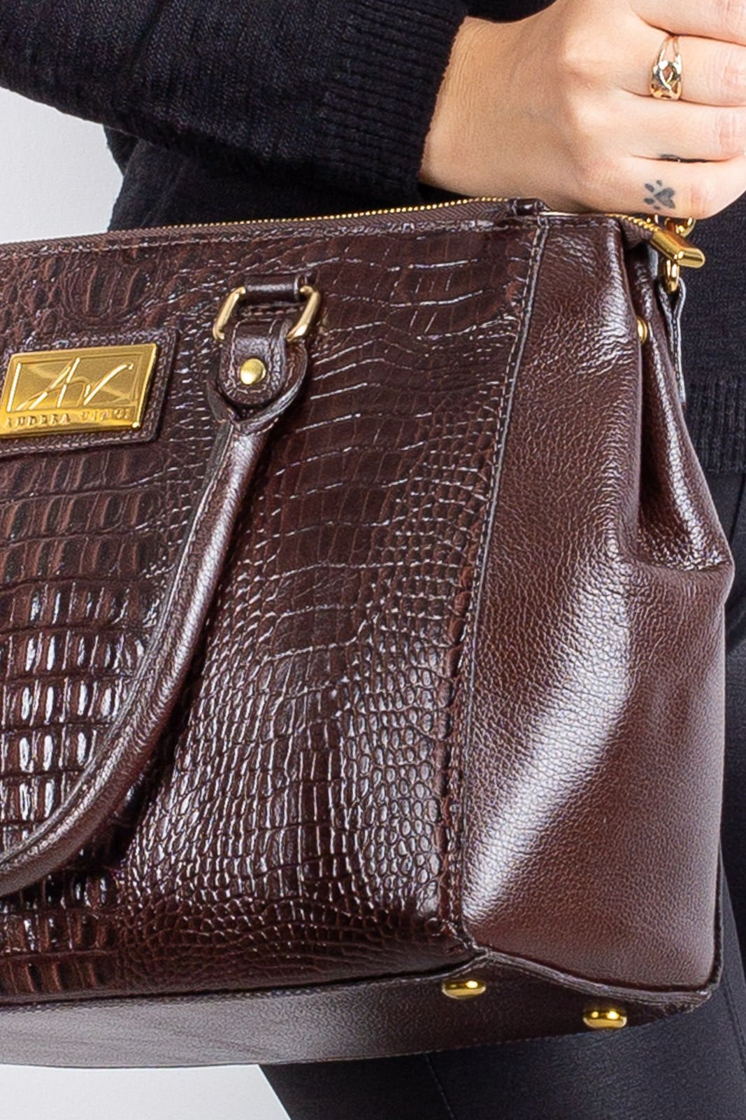 Bolsa de couro croco grande com divisorias Toffee Marrom 4