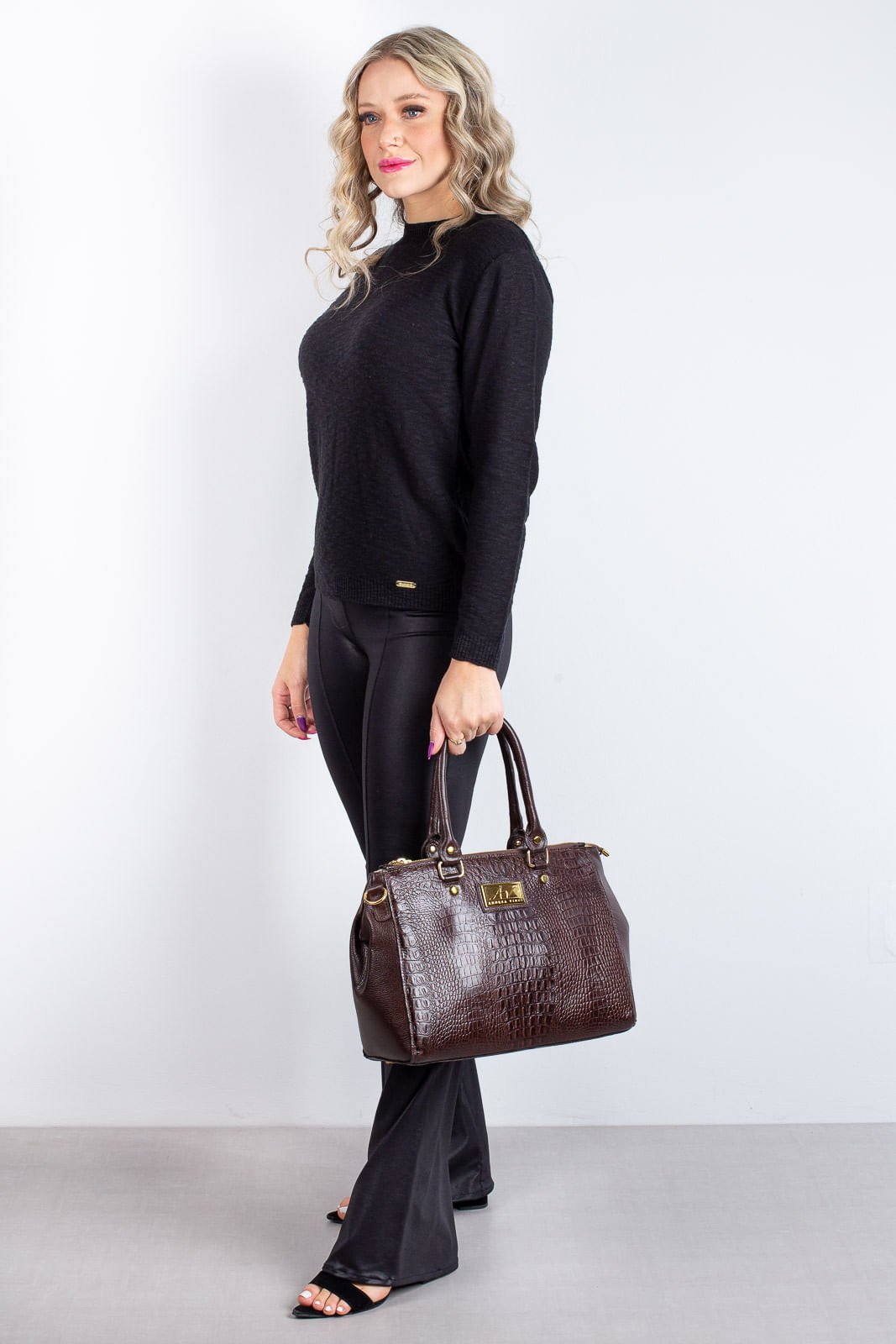 Bolsa de couro croco grande com divisorias Toffee Marrom 5