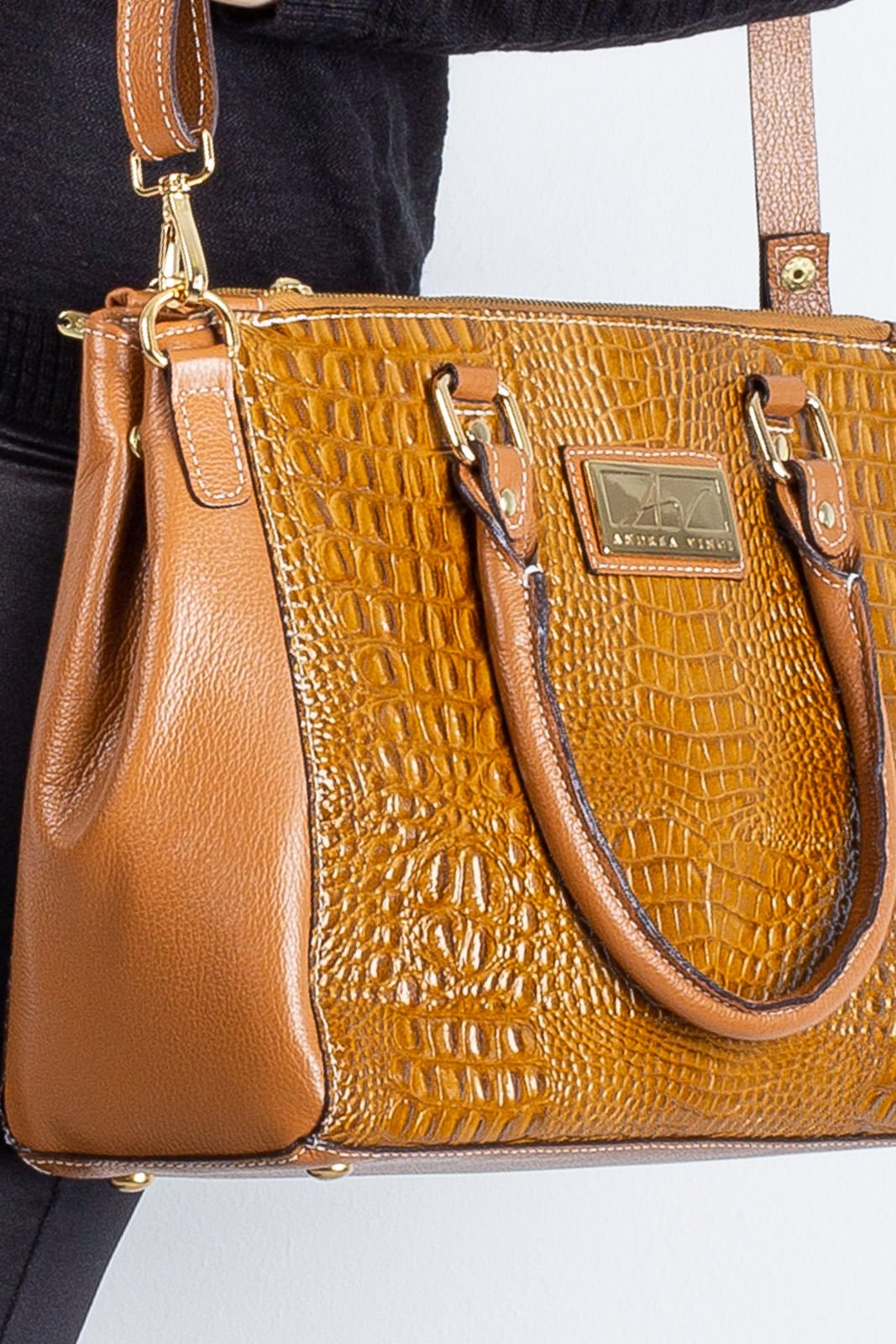 Bolsa de couro croco grande com divisorias Toffee Bege 3