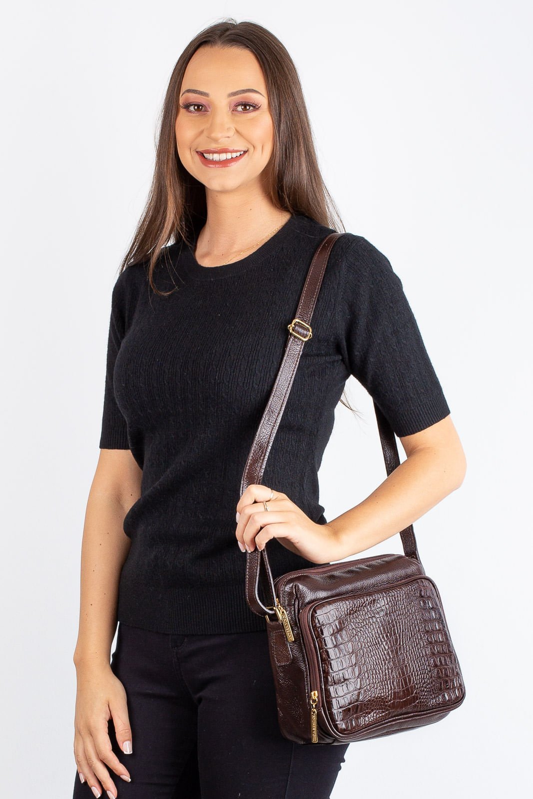 Bolsa de couro croco tiracolo com divisorias Rita Marrom 2