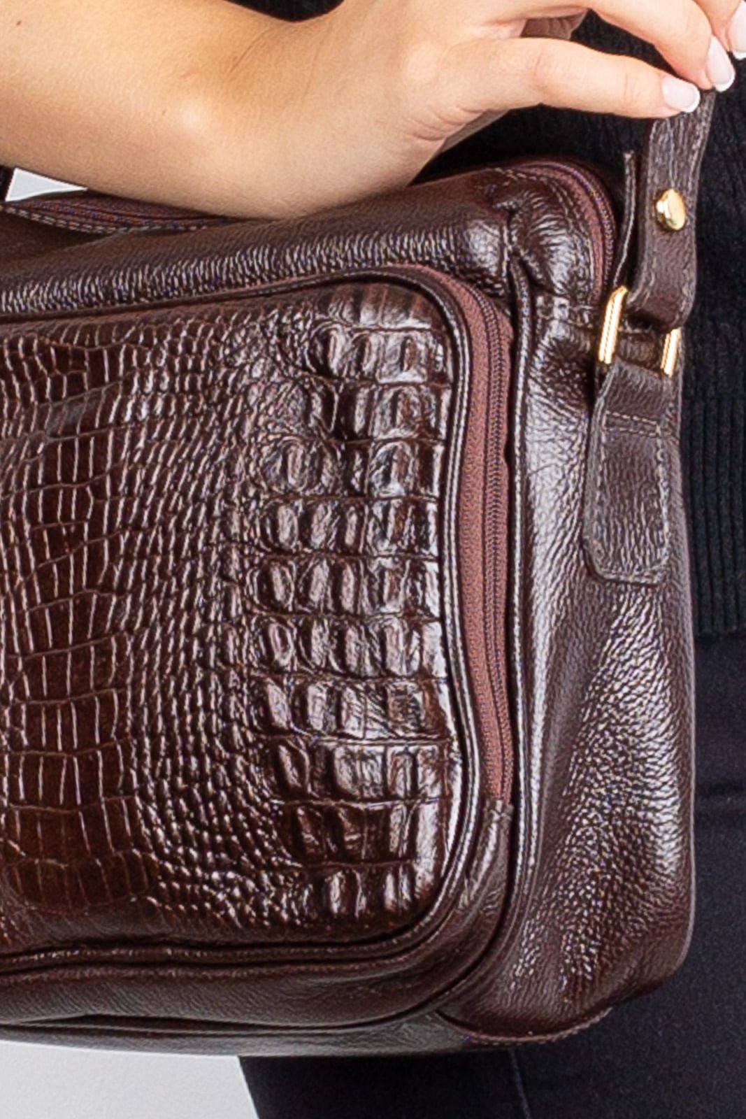 Bolsa de couro croco tiracolo com divisorias Rita Marrom 3