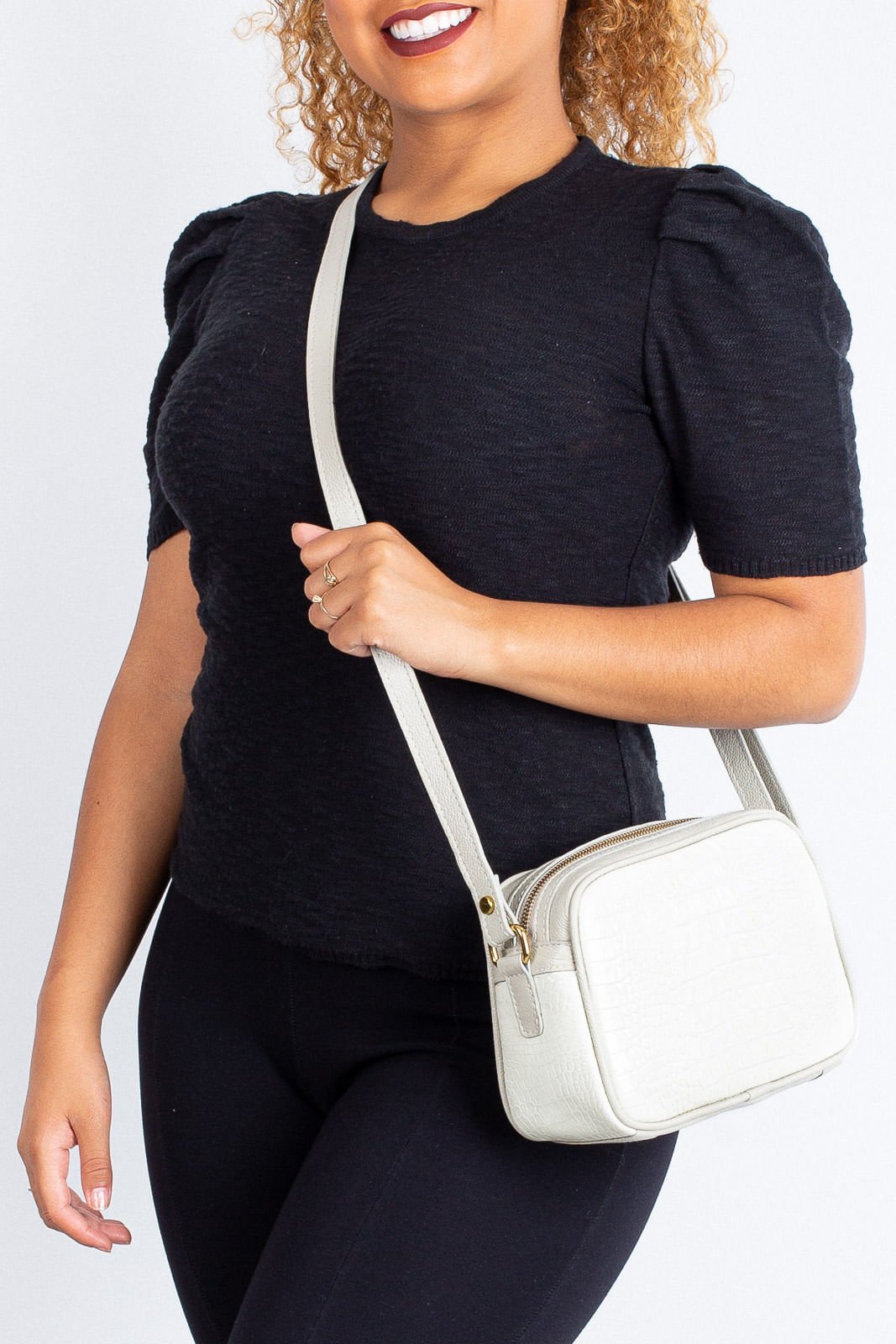 Bolsa quadrada pequena de couro croco Diana Branco 4