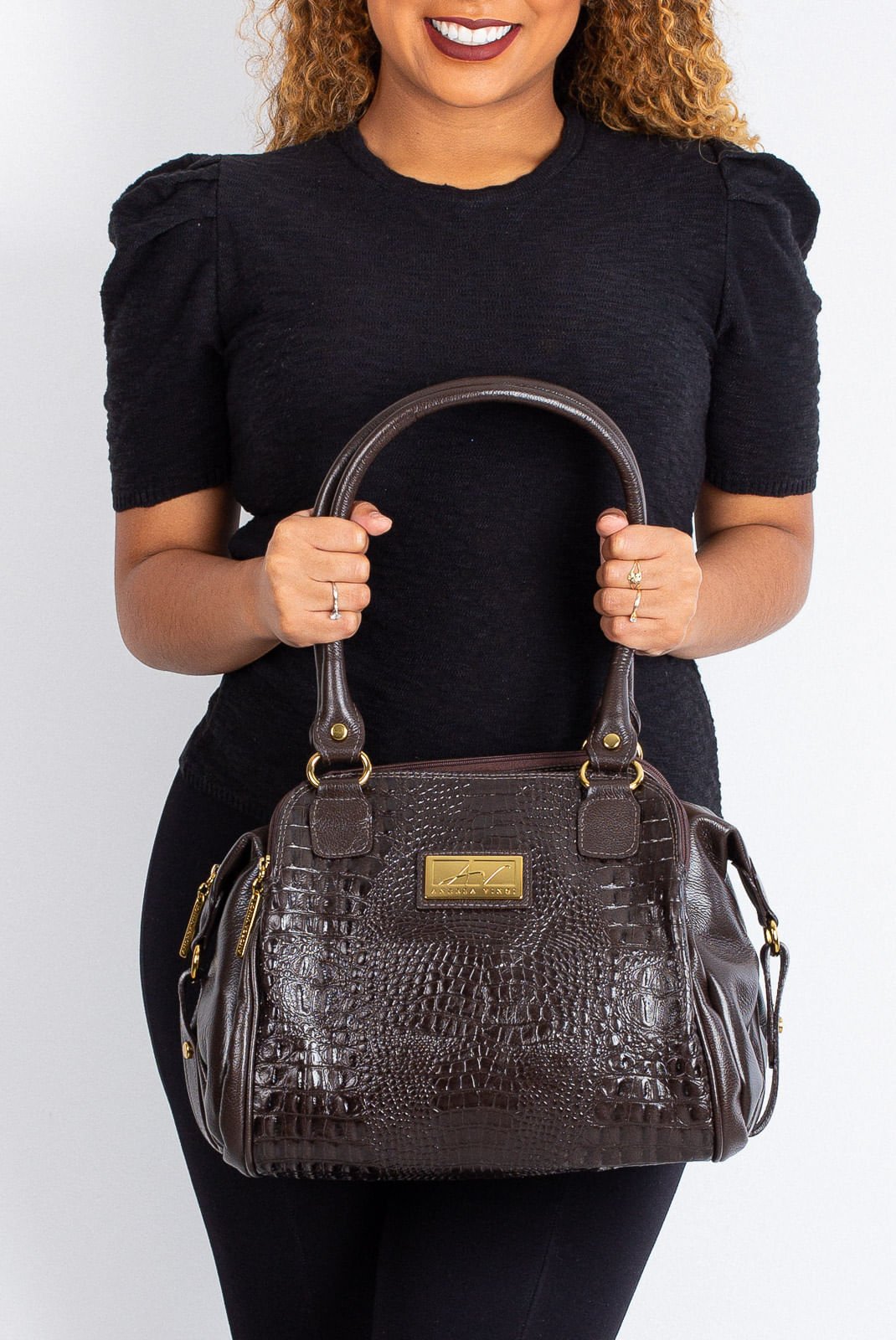 Bolsa de ombro em couro croco Simone Marrom 2