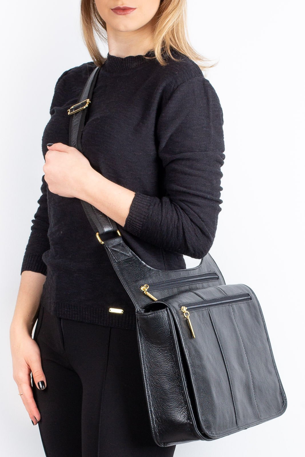 Pasta carteiro de couro liso Jessica Preto 3