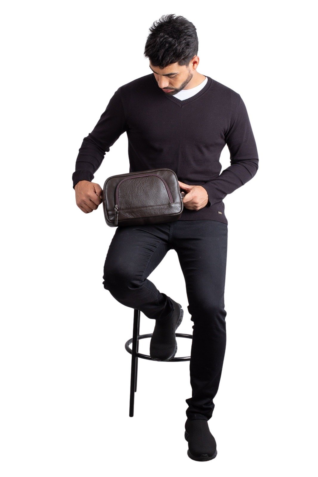 Necessaire grande de couro bolso frontal Manoel Marrom 2