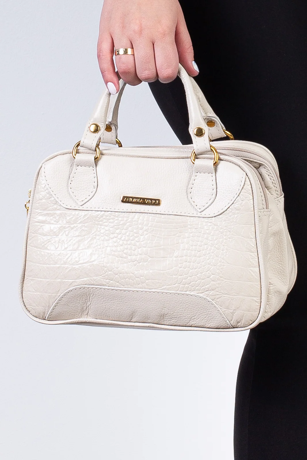 Bolsa pequena de couro croco Olivia Bege 2