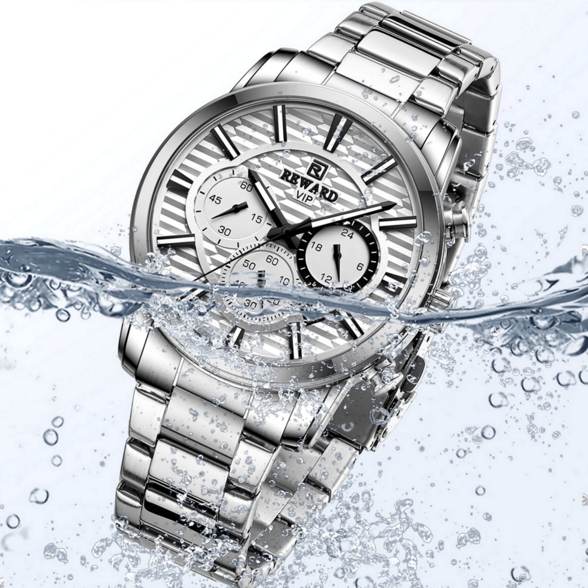 Relogio Masculino Quartzo Cronografo Luminoso Aco Inoxidavel Impermeavel Branco 2