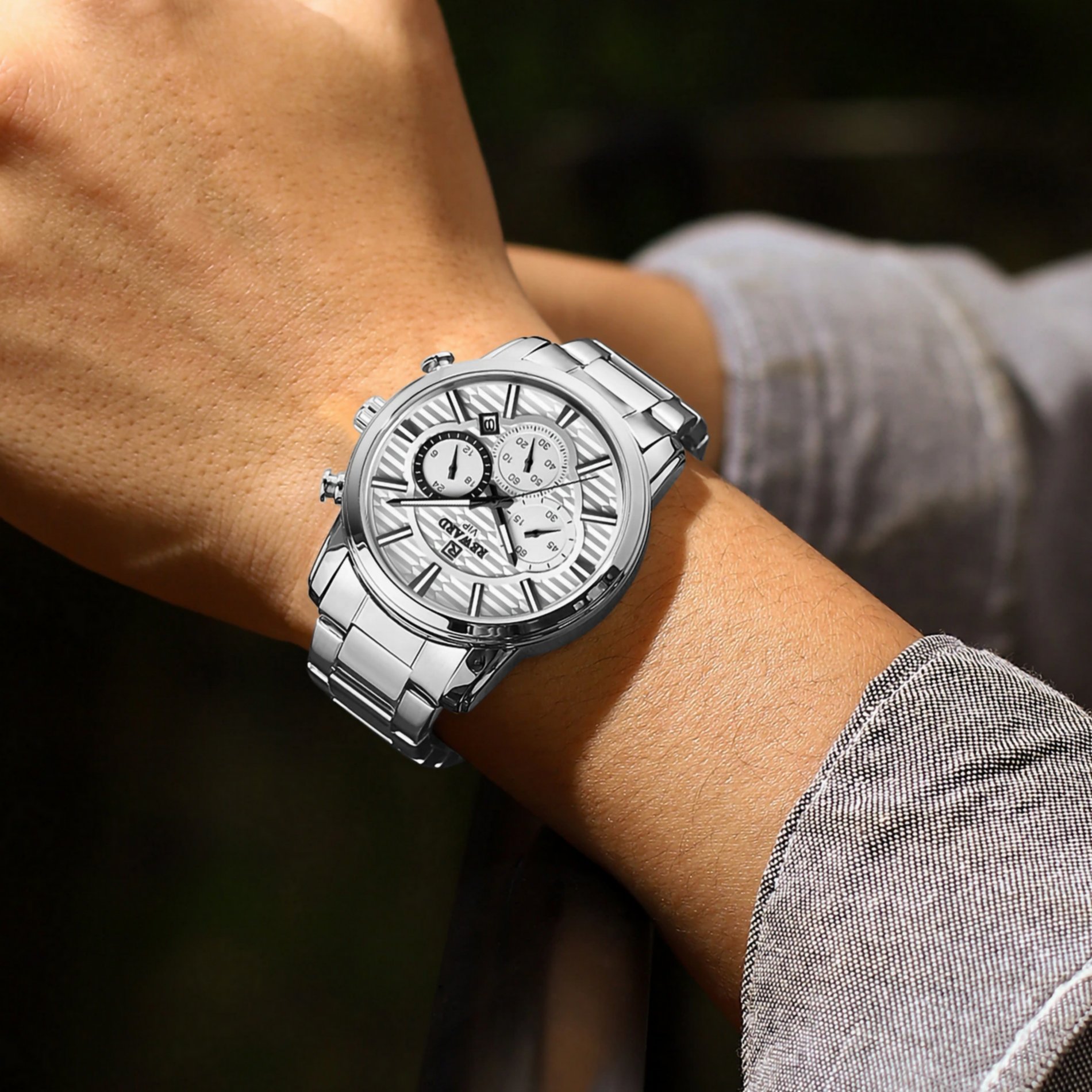 Relogio Masculino Quartzo Cronografo Luminoso Aco Inoxidavel Impermeavel Branco 4