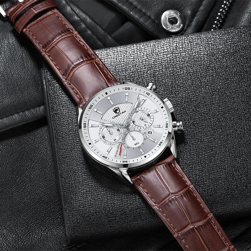 Relogio Quartzo Casual Masculino Impermeavel, Data cheetah Prata 6