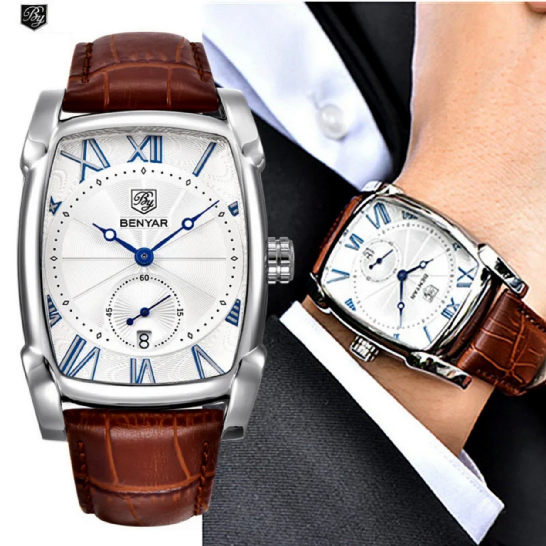 Relogio Masculino Quadrado Casual de Quartzo Impermeavel Branco 4