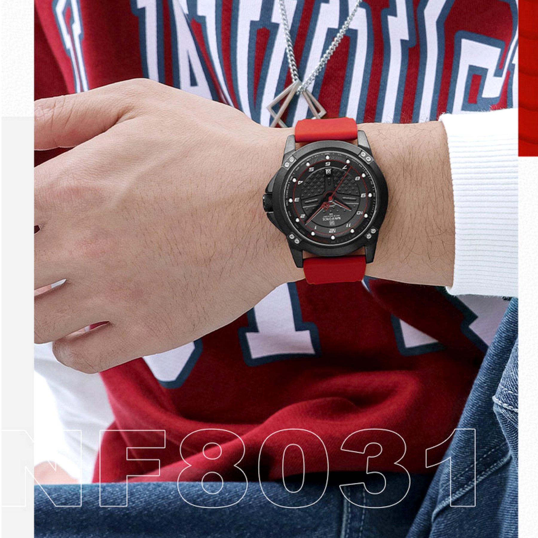 Relogio de Quartzo Masculino Casual Pulseira de Silicone Impermeavel Vermelho 6