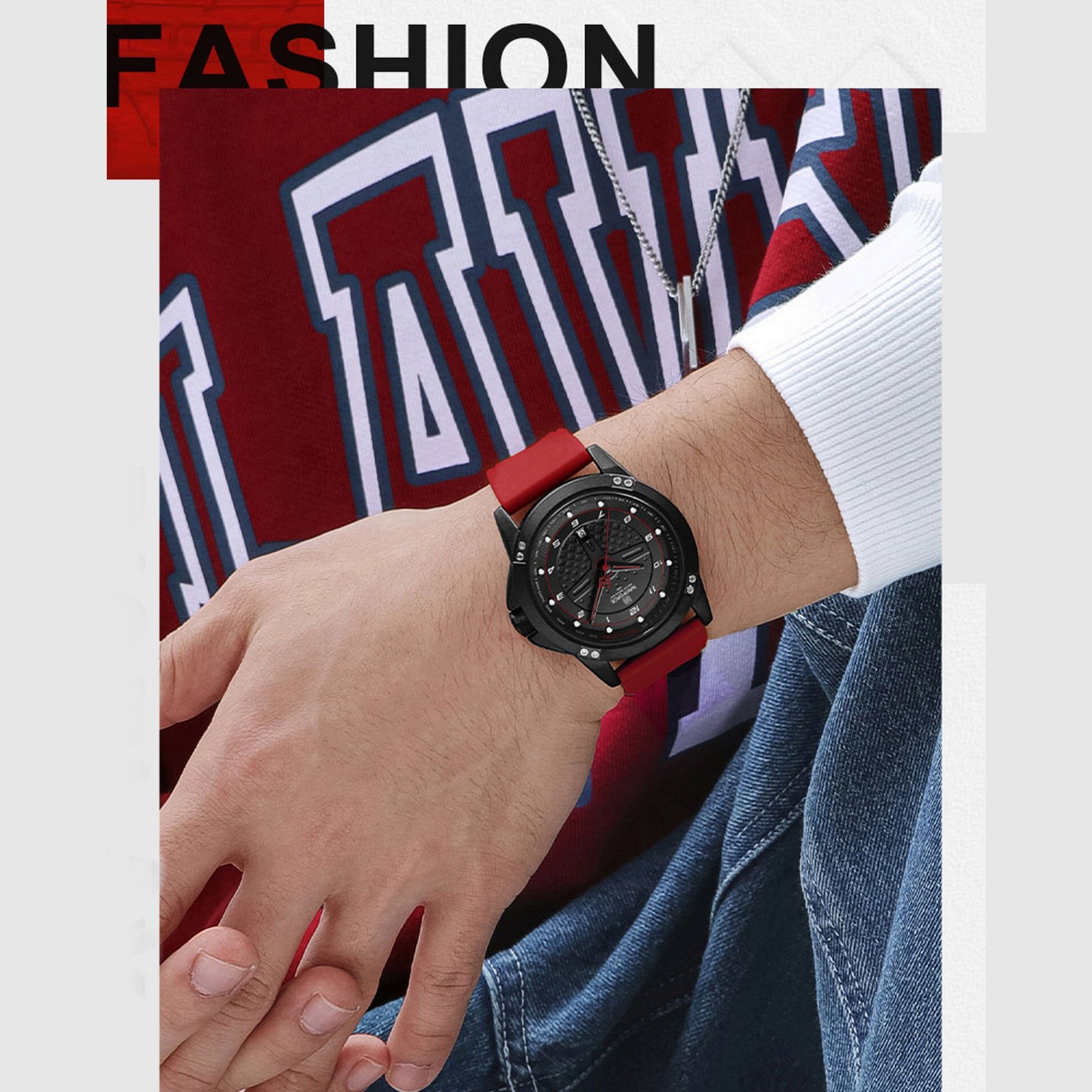 Relogio de Quartzo Masculino Casual Pulseira de Silicone Impermeavel Vermelho 7