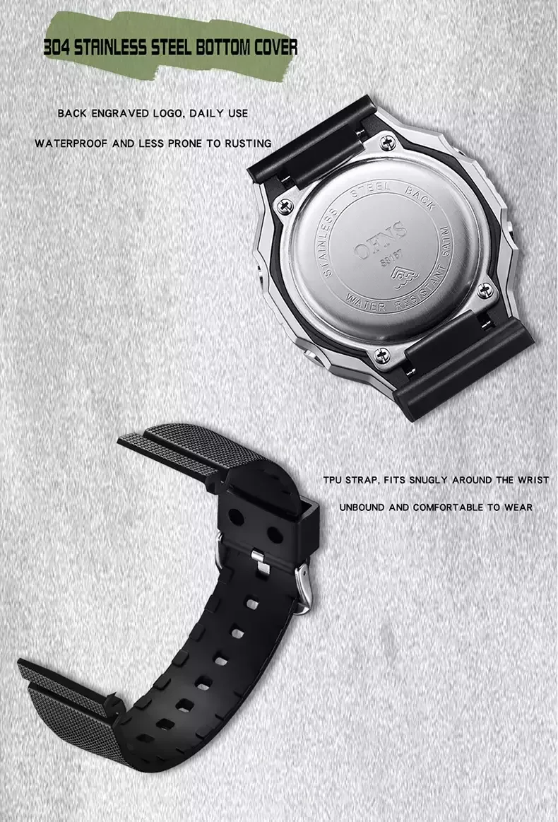 Relogio Militar Estilo ofns para Homem, LED Impermeavel, Cronografo Digital Preto 2