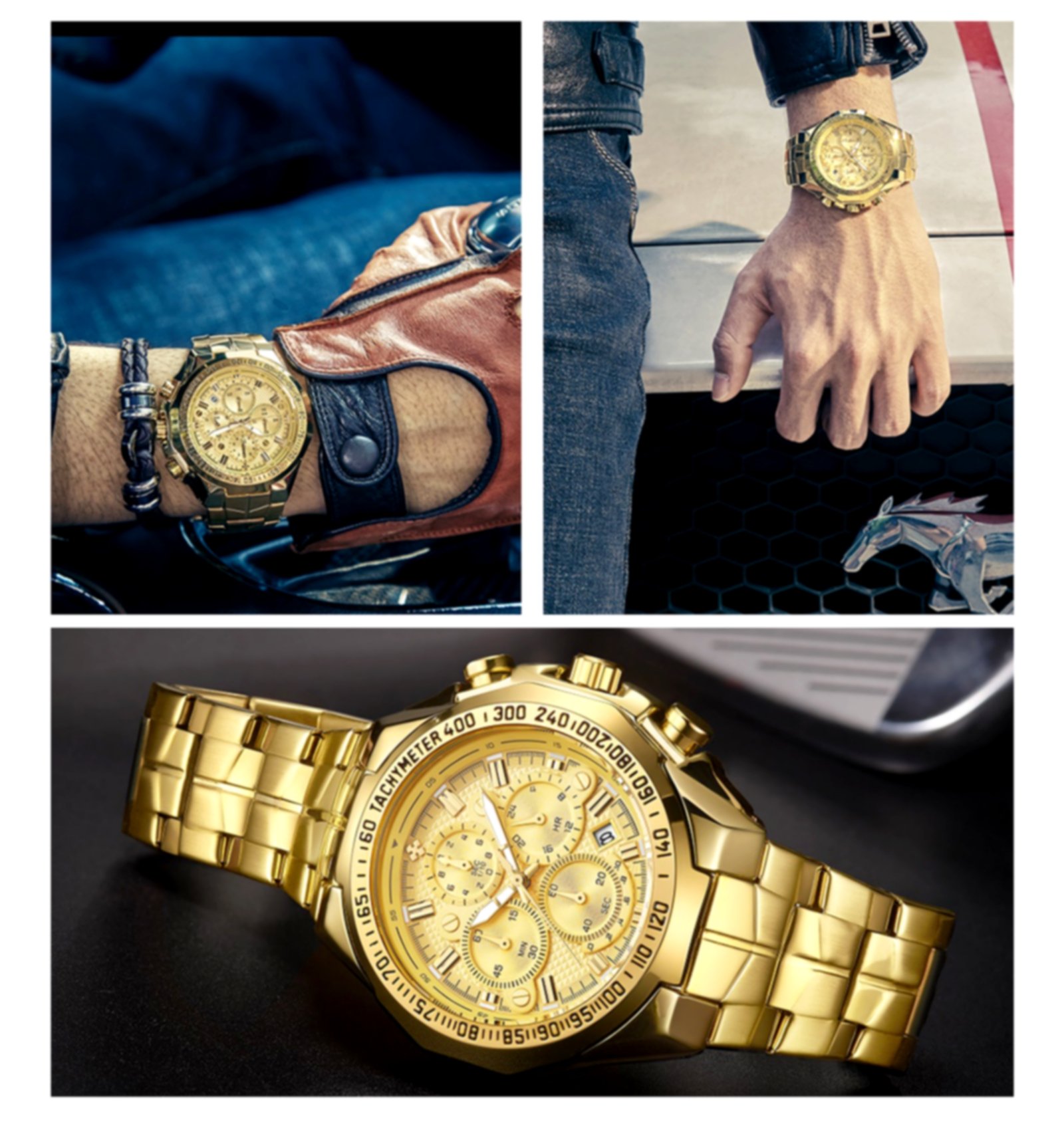 Relogio Esportivo para Homens de Quartzo Pulseira em Aco Inoxidavel A prova agua Dourado 2