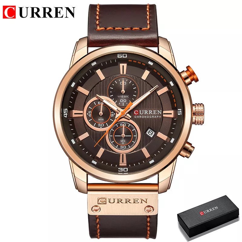 Relogio de pulso de couro masculino, quartzo, militar, cronografo, espo Marrom 1