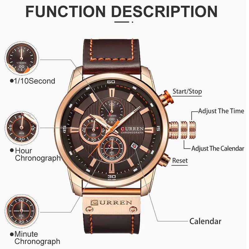 Relogio de pulso de couro masculino, quartzo, militar, cronografo, espo Marrom 3