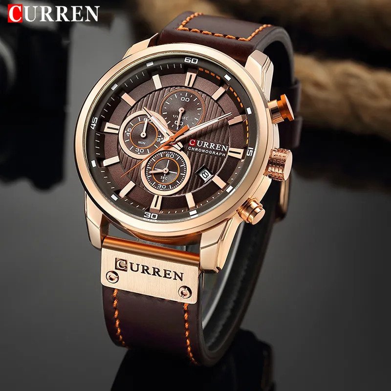 Relogio de pulso de couro masculino, quartzo, militar, cronografo, espo Marrom 4