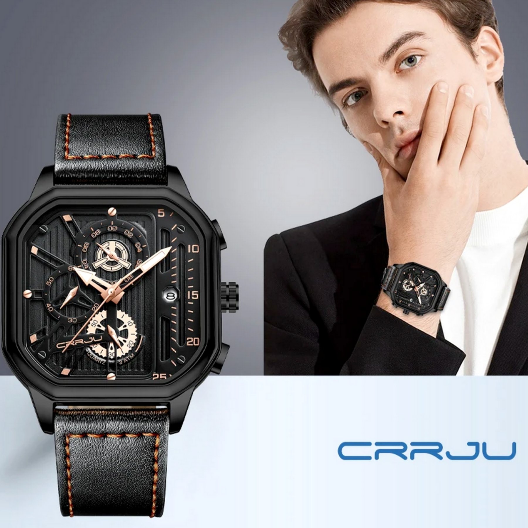 Relogio de Pulso Masculino Mostrador Quadrado Esportivo A Prova Dagua Preto 2